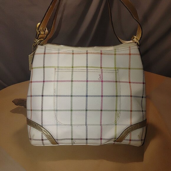 Coach Signature Crossbody Bag White Multicolor Plaid With Gold Accents & Pink In - Picture 15 of 15